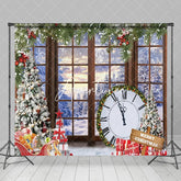 Aperturee - Aperturee Merry Christmas Window Snowy Clock Xmas Backdrop